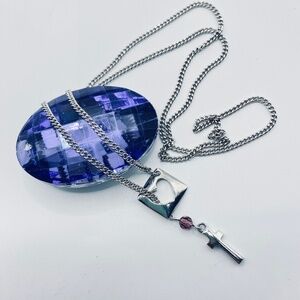 Silver Tone Lariat Cross & Heart Pendant Adjustable Necklace Christian Religious